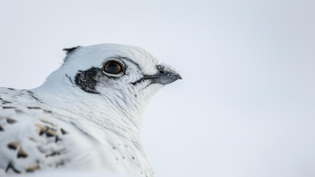 Photo closeup of a ptarmigans small weathered beak adapted for foraging in the harsh winter conditions