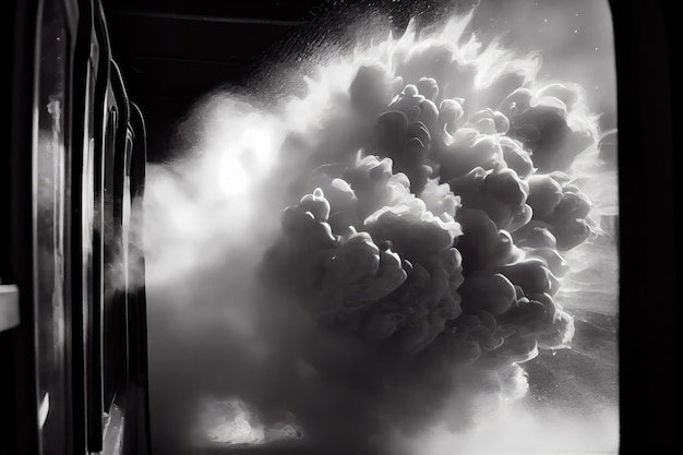 Closeup of the puffs of smoke drifting out of a train window