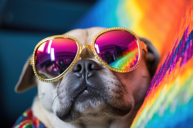 Closeup of a pug wearing oversized colorful sunglasses