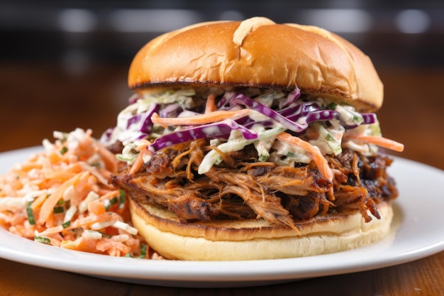 Closeup of pulled pork sandwich with coleslaw topping