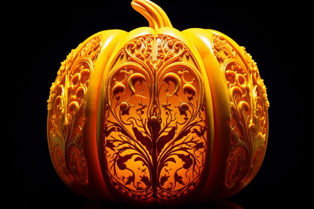 Photo closeup of a pumpkin being carved with a knife