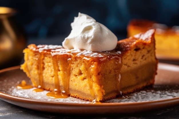 Closeup of pumpkin pie slice with whipped cream created with generative ai