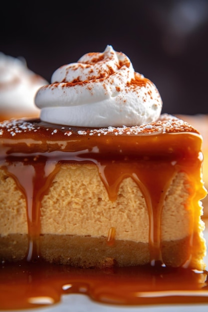 Closeup of a pumpkin pie with whipped cream topping created with generative ai