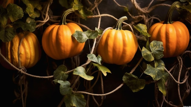 Photo closeup of pumpkins growing from a vine