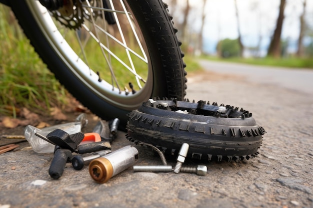 Closeup of a punctured bicycle tire and repair kit