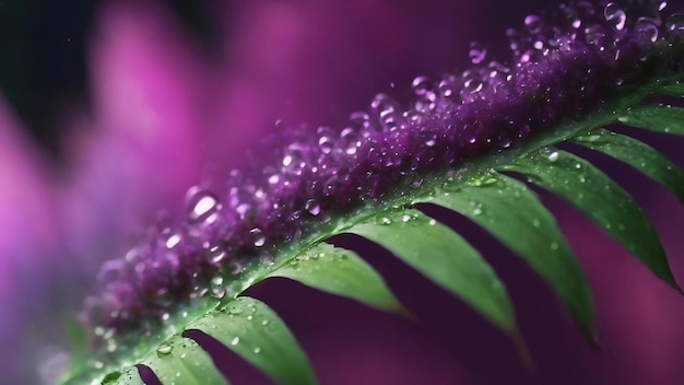 Closeup of purple and green plume with water droplets background