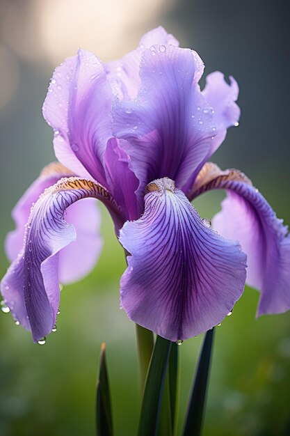 A closeup of a purple iris with a soft focus background