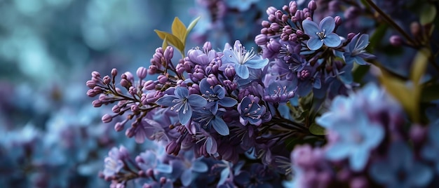 Близкий взгляд на фиолетовые лиласовые цветы, греющиеся в теплом золотом часовом солнечном свете, вызывая спокойное весеннее настроение