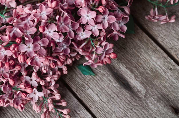 Цветки сирени крупного плана фиолетовые на старой деревянной поверхности. Весенние каникулы фон.