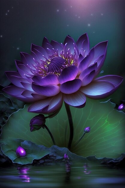 Closeup of purple lotus flower on the pond with waterdrop\
created with generative ai technology