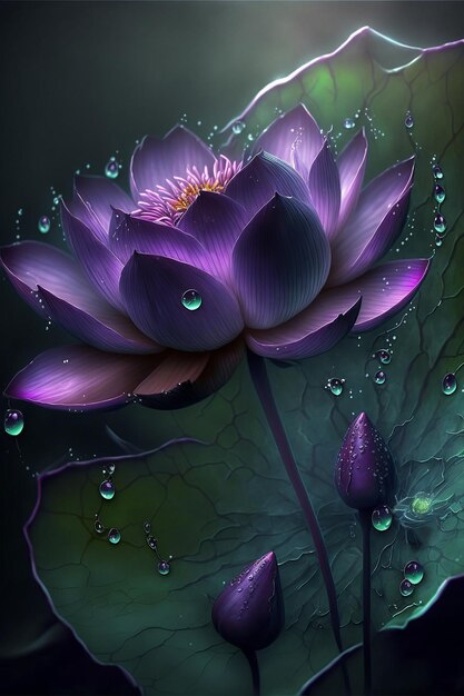 Closeup of purple lotus flower on the pond with waterdrop Created with Generative AI technology