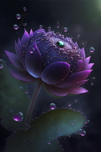 ジェネレーティブ AI テクノロジーで作成された水滴のある池の紫色の蓮の花のクローズ アップ