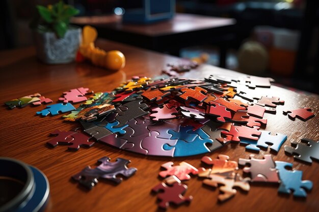 Photo closeup of puzzle pieces scattered on a table