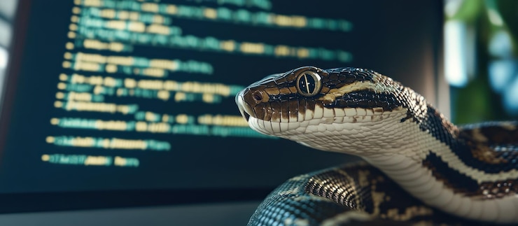 Photo a closeup of a python39s head looking to the right in the blurred background is a computer screen with code