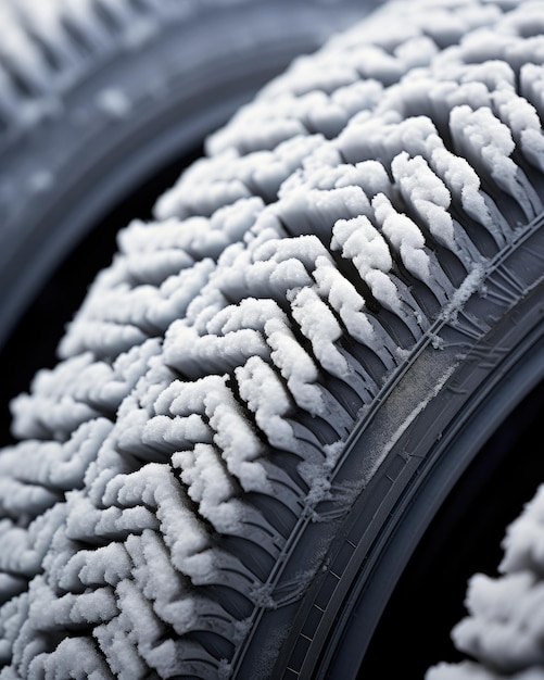 Foto primo piano di pneumatici invernali di qualità coperti di neve e gelo