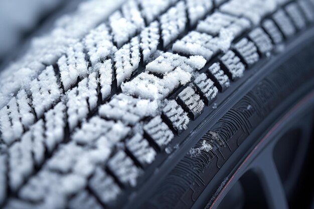 Foto primo piano di pneumatici invernali di qualità coperti di neve e gelo