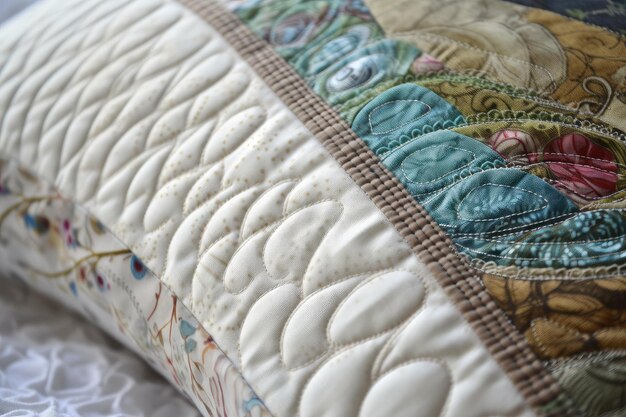 Closeup of a quilted pillow with intricate stitches and patterns visible