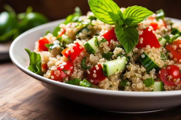 Photo closeup of a quinoa salad garnished with fresh herbs