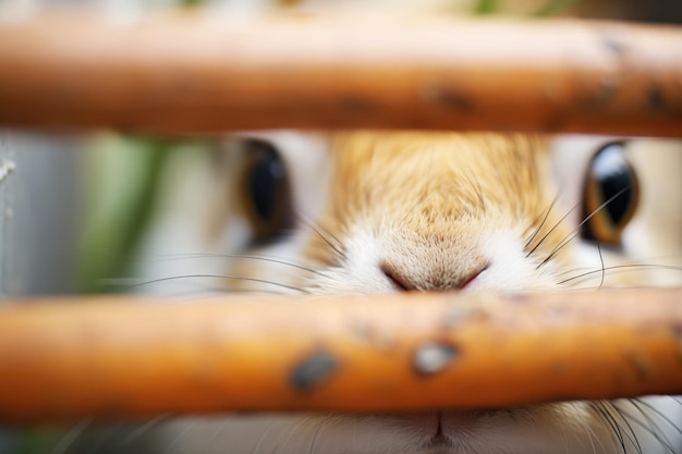 Closeup of rabbit eyes peeking through hutch bars