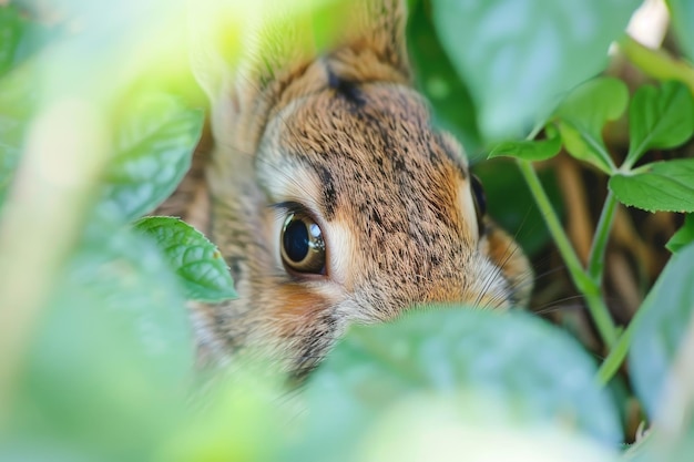 Photo closeup of a rabbit hiding in green foliage