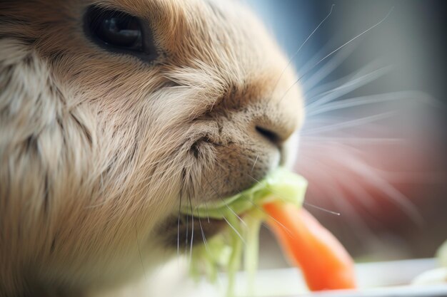 Foto close-up di un coniglio che rosicchia una carota