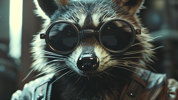 Photo a closeup of a raccoon wearing sunglasses the raccoon is looking at the camera with a curious expression