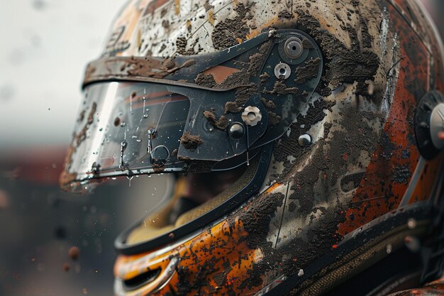 Closeup of a racing drivers helmet covered in dirt