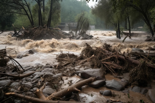 Foto primo piano dell'inondazione infuriata con detriti e tronchi che galleggiano nel passato