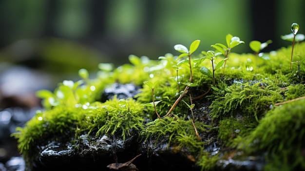 朝の苔の上の雨滴のクローズアップ