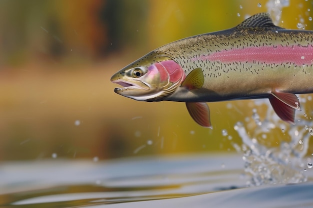 Photo closeup of a rainbow trout leaping from a lake