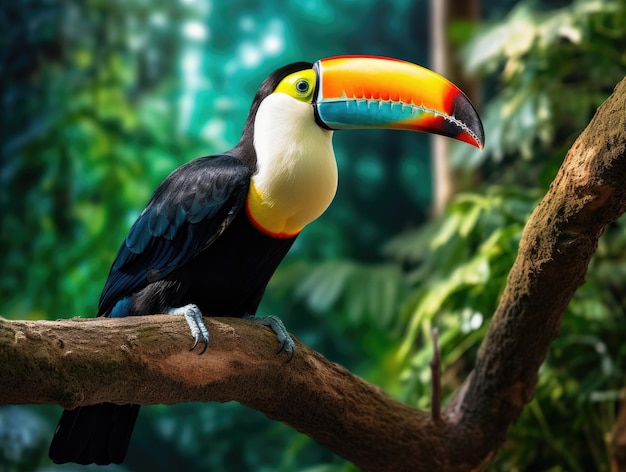 Closeup of a rainbowbilled toucan on a tree