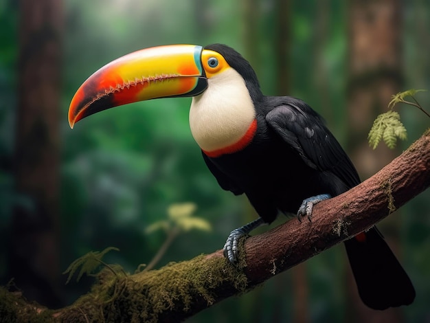 Closeup of a rainbowbilled toucan on a tree