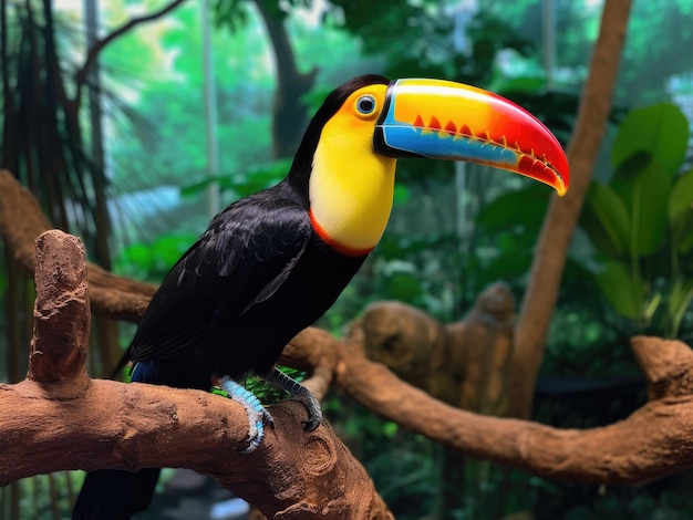 Closeup of a rainbowbilled toucan on a tree