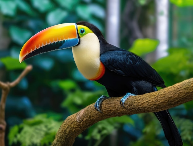 Closeup of a rainbowbilled toucan on a tree