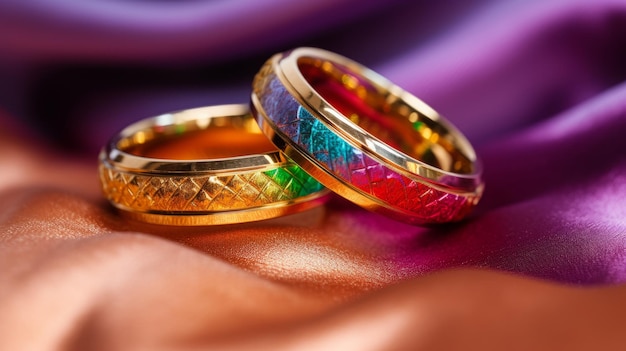 Closeup of rainbowcolored wedding rings symbolizing samesex marriage