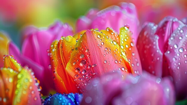 Closeup of raindrops on a colorful tulip vivid and sharp