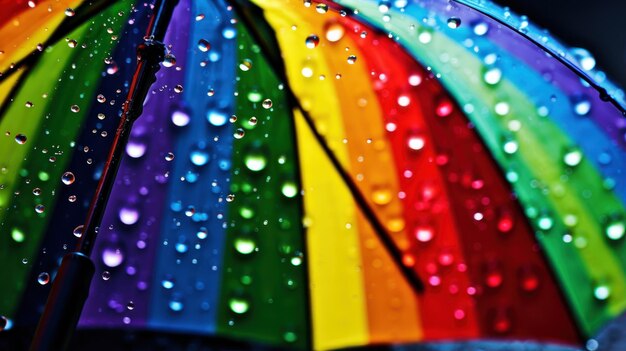 Photo closeup of raindrops on a colorful umbrella