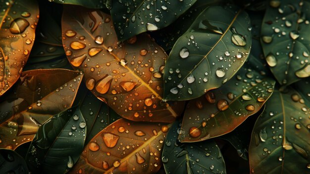 자연 의 복잡 한 질감 과 패턴 을 강조 하는 잎 에서 방울 이 떨어지는 클로즈업