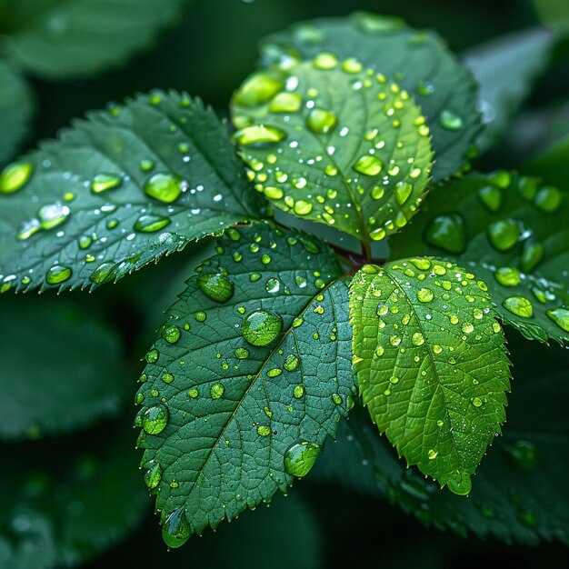 Closeup of raindrops on a vibrant green leaf