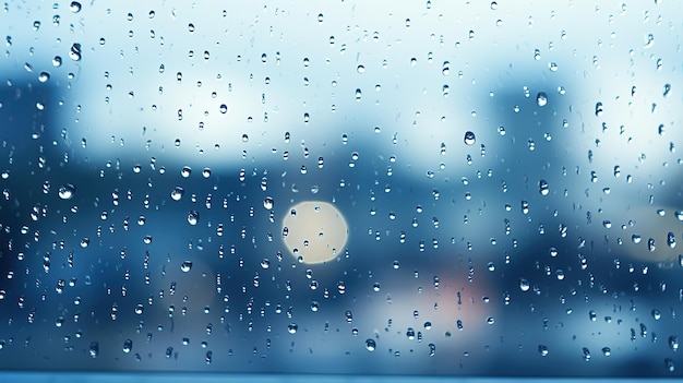 Closeup of raindrops on a window with blurred city or nature in the background