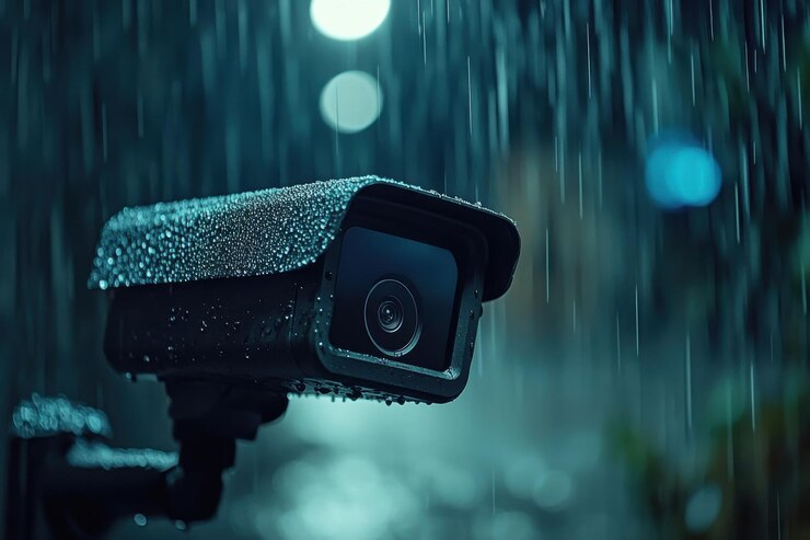CloseUp of a RainSoaked Surveillance Camera Capturing Urban Environment at Night with Drops of Water Reflecting City Lights and Surroundings