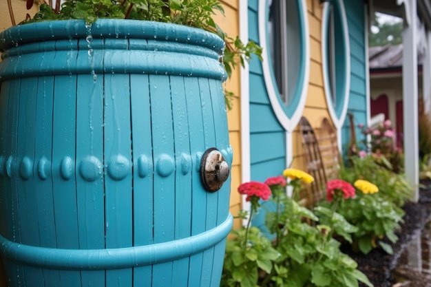 Closeup of rainwater barrel with downspout and filter created with generative ai