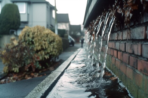 生成 AI で作成した、詰まった側溝から流れ出る雨水のクローズアップ