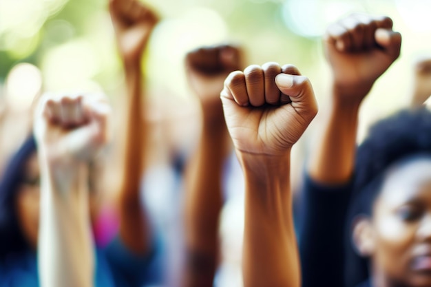 Closeup of raised fists in a protest