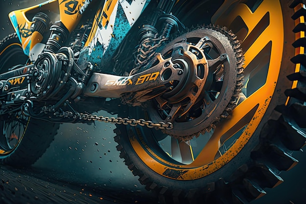 Closeup of rally cross bike with gears and chain in motion