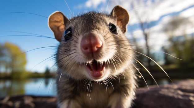 Closeup of a rat outdoors with its mouth open and teeth exposed
