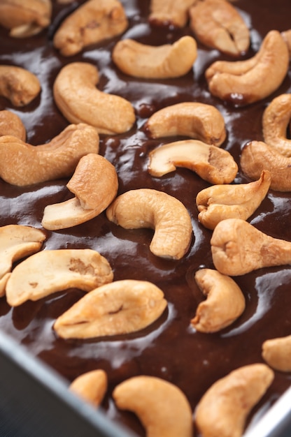 Closeup of raw chocolate-cashew brownies