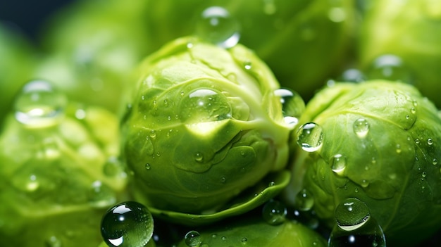 Photo closeup of raw fresh and whole brussels sprouts in water dropsaigenerative ai