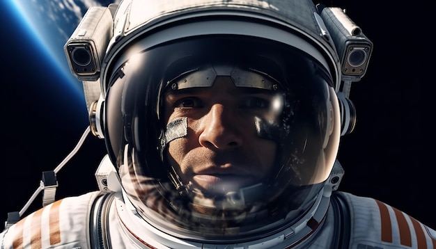 A closeup realistic image of an astronaut and helmet