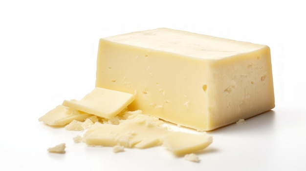 Closeup realistic photo featuring a creamy havarti cheese against a white background Generative AI